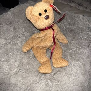 Ty Tan Plush Teddy Bear with Red Ribbon